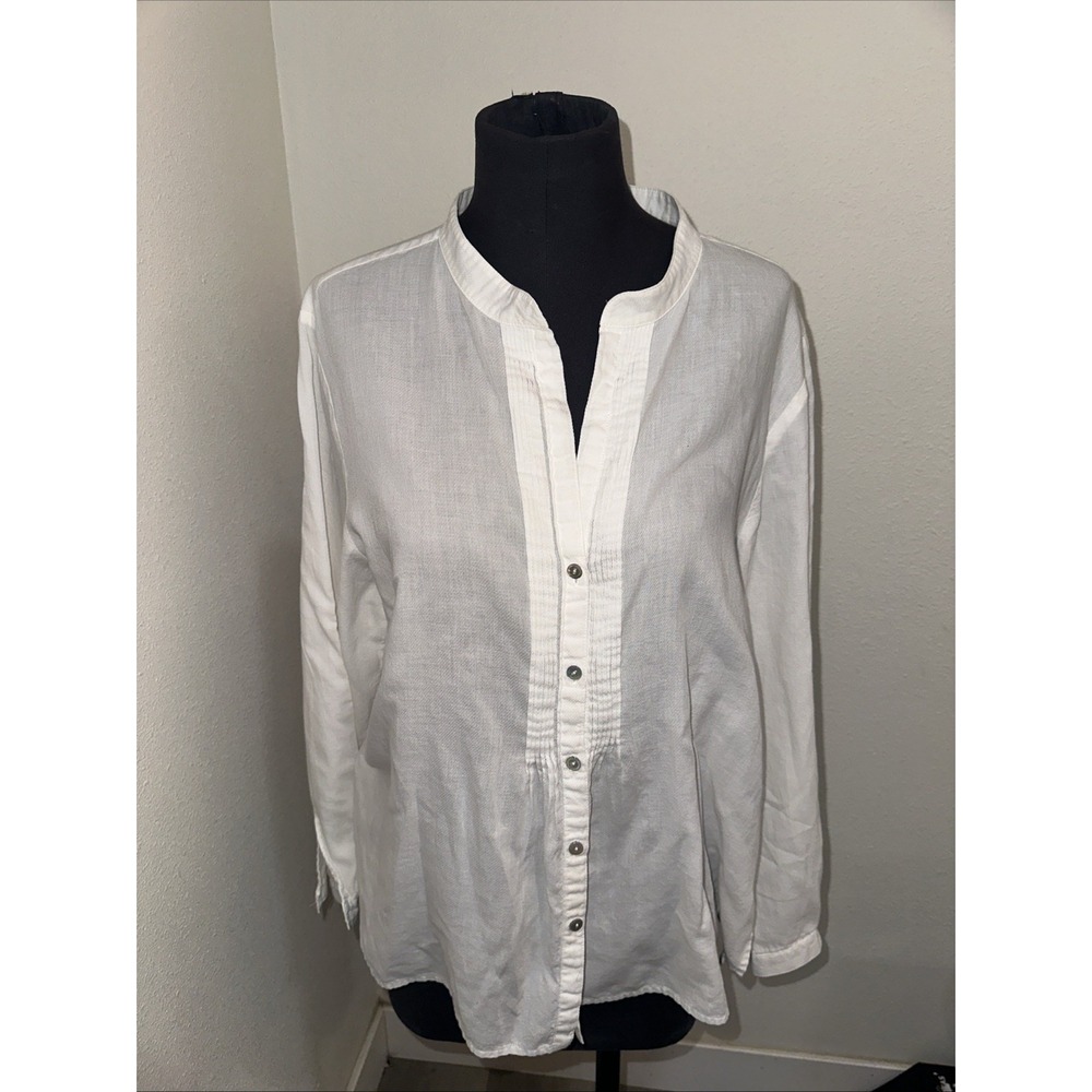 Eileen Fisher White Long Sleeve Button Down Long Tunic Shirt Size L Cotton